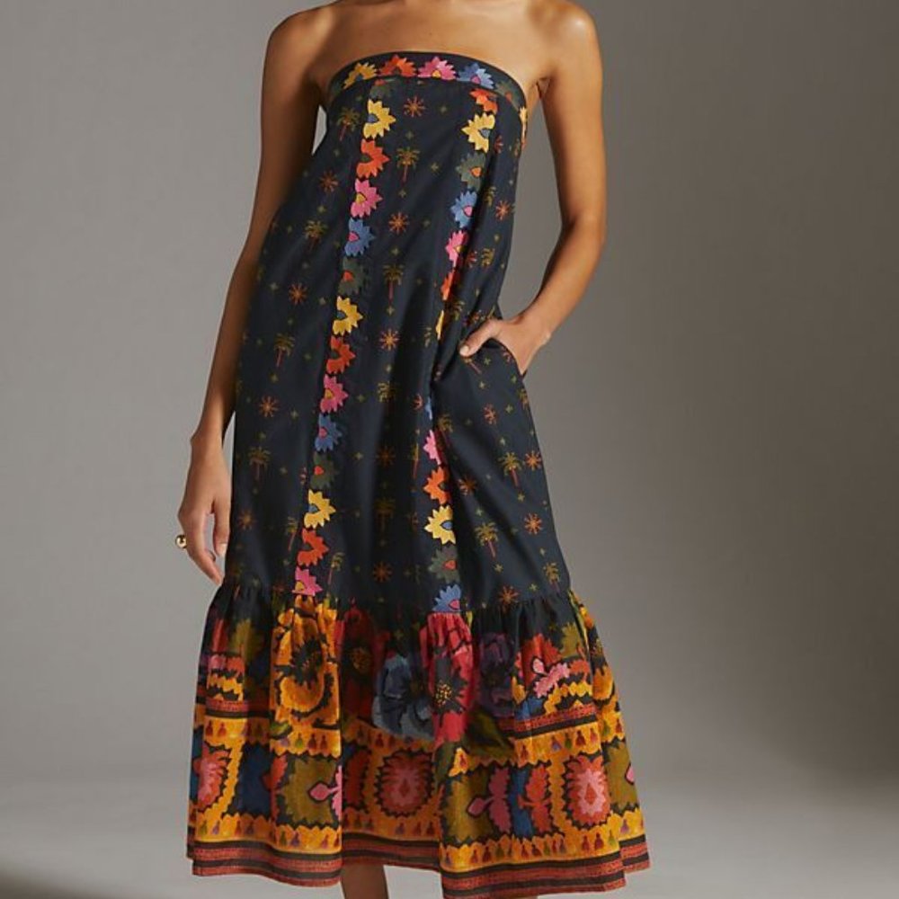 Farm Rio Anthropologie L NWT Embroidered Maxi Dress Black Embroidery 260$ Large - Picture 3 of 13